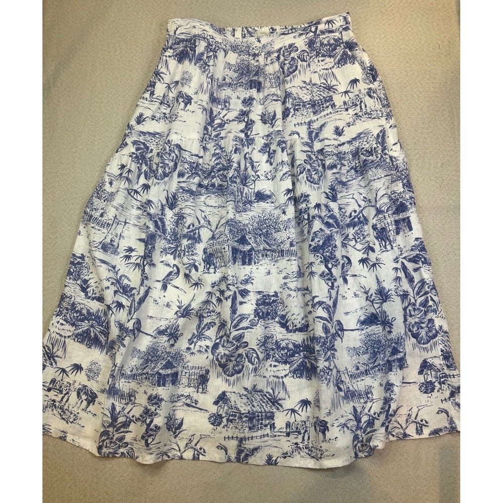 Joie Linen Midi Skirt Womens Large Blue White Toile Tropical Tiered Coastal Chic